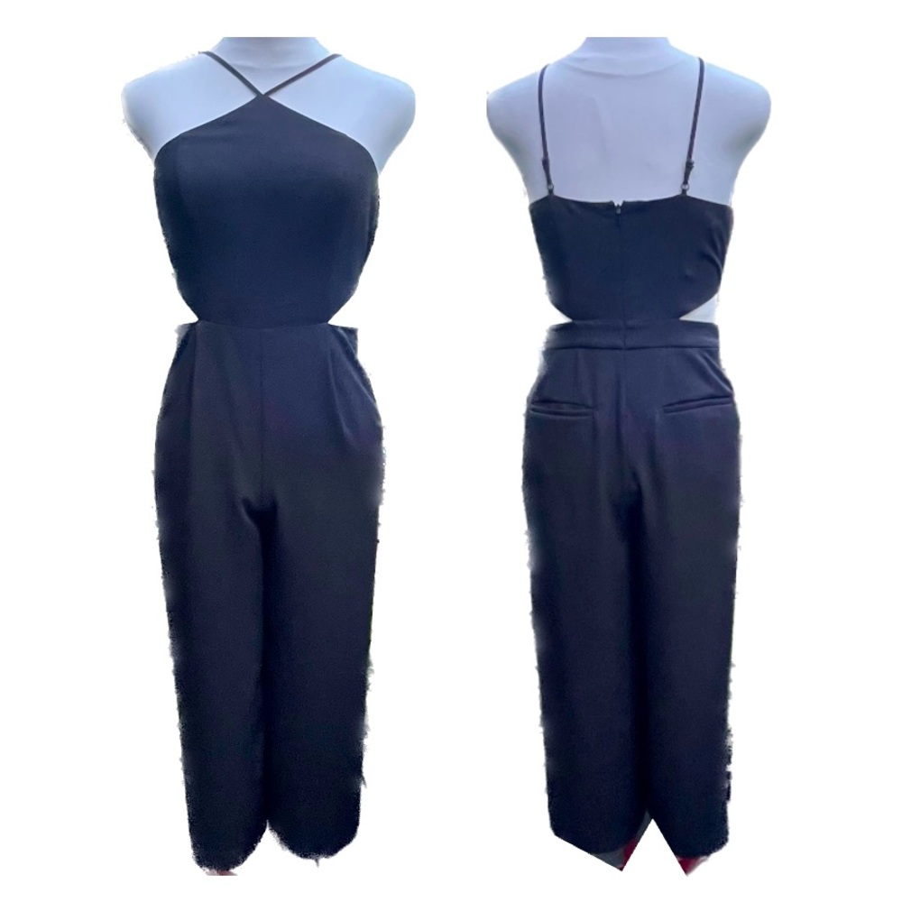 Bebe Wide Leg Cropped Length Halter Cut-out Jumpsuit Black Size 6 - Picture 2 of 14
